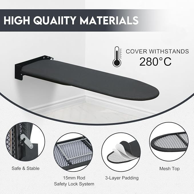 Wall Mounted Ironing Board,Space-Saving Compact Wall Mount Fold Down Iron Board for Laundry Room, 36" x 12", Black