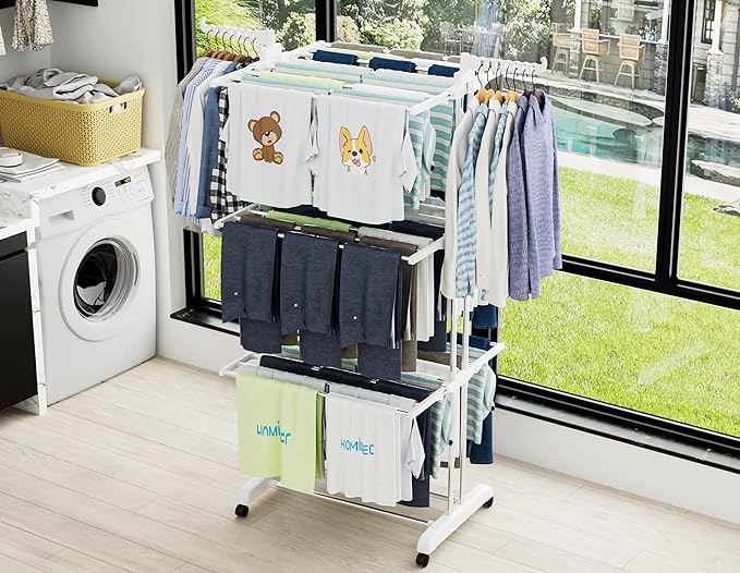 HOMIDEC Clothes Drying Rack, Large 4-Tier Foldable Drying Rack Clothing(67.7H x 19.7W x 30L Inches), Movable with 4 Castors. Multifunctional Stainless Steel Laundry Drying Rack, White