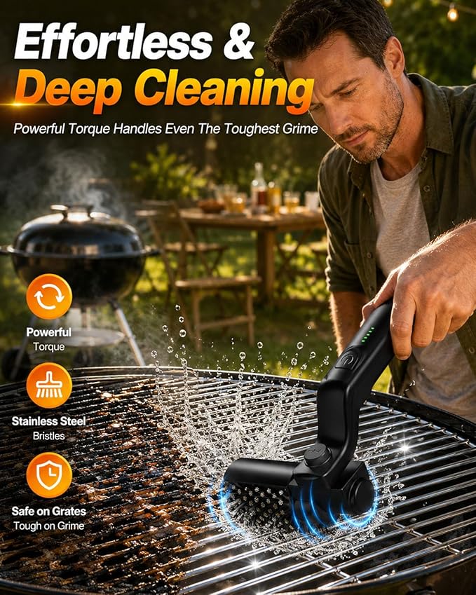 Electric Grill Brush Cordless, 3-Speed Rotary BBQ Grill Cleaner Bristle Free, 180° Adjustable, 3 Brush Heads, Rechargeable Waterproof for Outdoor Grill Cast Iron Stainless Steel