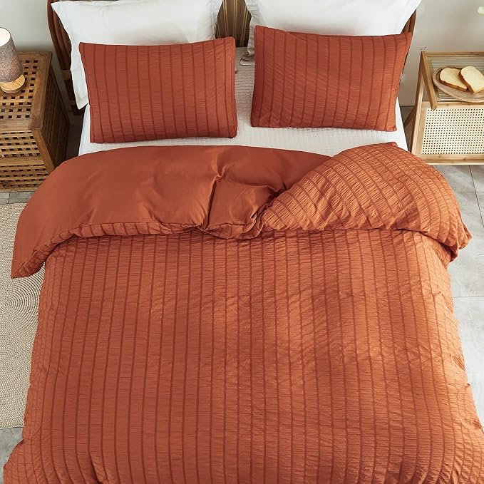 AveLom Terracotta Seersucker Duvet Cover Set Full Size (80 x 90 inches), 3 Pieces (1 Duvet Cover + 2 Pillow Cases), Ultra Soft Washed Microfiber, Textured Duvet Cover with Zipper Closure, Corner Ties