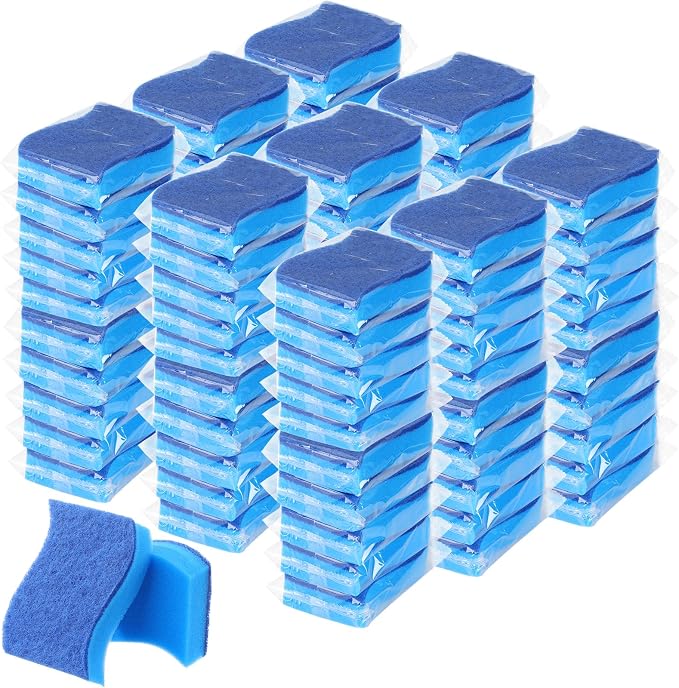 Tioncy 90 Pcs Individually Wrapped Sponge Bulk Non Scratch Scrub Kitchen Cleaning Sponges Blue Dual-Sided Dish Scrubber, Cleans Fast Without Scratching for Washing Dishes and Cleaning Kitchen