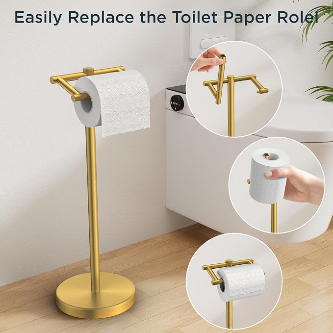 FORIOUS Toilet Paper Holder Wall Mount, Stainless Steel Rustproof Double Post Pivoting Tissue Roll Holder for Bathroom, Commercial Toilet Paper Dispenser Toilet Paper Stand, Brushed Gold