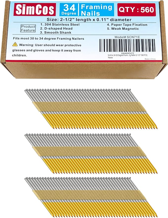 34-30 Degree Framing Nails, 2-1/2 Inch, 560-Pack | 304 Stainless Steel, D Head, Smooth Shank, Paper Tape Strip, For 30 to 34 Degree Framing Nailer