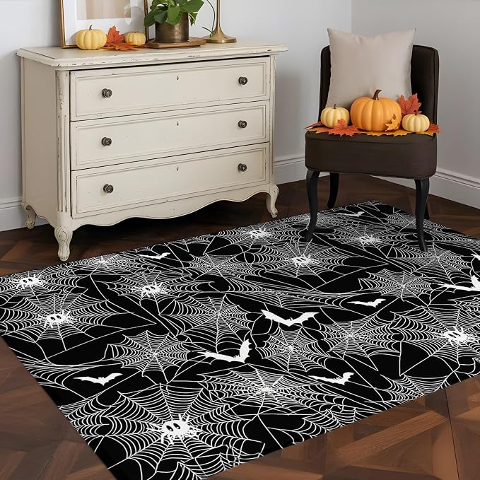 3 x 5 Ft Area Rug for Reading Room. Halloween Indoor Accent Rugs for Living Room, Black Scary White Bat Animal Net Geometric Decorative Modern Carpet Washable Low Pile Non Slip Rug for Bedroom