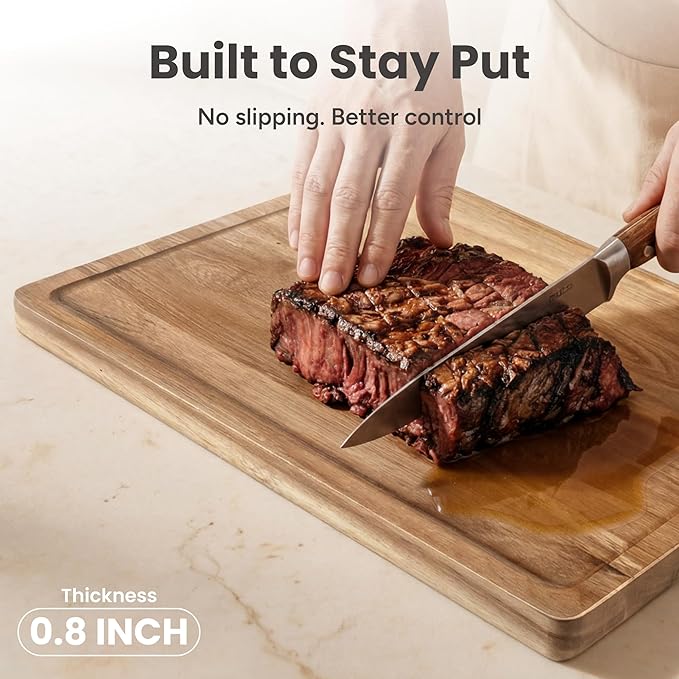 SMIRLY Cutting Boards for Kitchen, 3 Piece Acacia Cutting Board with Stand | Non Toxic Cutting Board with Juice Grooves and Handles, Multiple Sizes Wood Chopping Board for Meat Vegetable Charcuterie