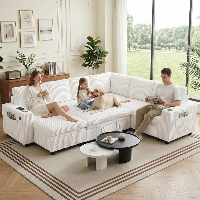 106 in L Shaped Modular Sectional Sofa Couch for Living Room, Beige | Pull Out Sleeper Bed, 7 Seat Modular Design, Hidden Storage Space, USB Charging, Cup Holders, Soft Corduroy, Easy Assembly