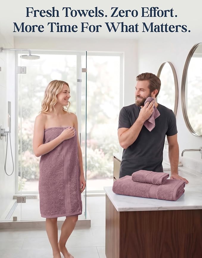 LANE LINEN Large Bath Towel Set Absorbent Quick Dry 6 Piece - Wishful Mauve | Cotton Towels - Fade-Resistant Color, Classic Terry Weave, Densely Woven, Coordinated Colors, Dobby Border Accent