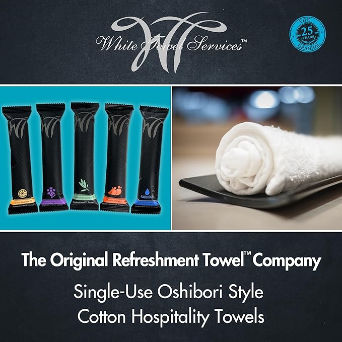 White Towel Services 8" x 8" in Moist Cotton Towel Individually Wrapped - Lavender and Unscented (Case of 100) - Single-Use Oshibori Style Cotton Hospitality Towels