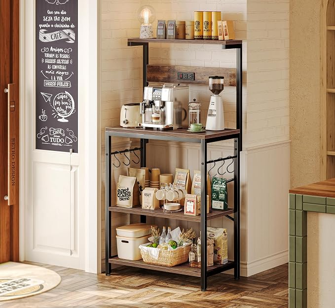 SUPERJARE Kitchen Bakers Rack with Power Outlet, Coffee Bar Table 4 Tiers, Kitchen Microwave Stand with 6 S-shaped Hooks, Storage Shelf Rack for Spices, Pots and Pans - Rustic Brown