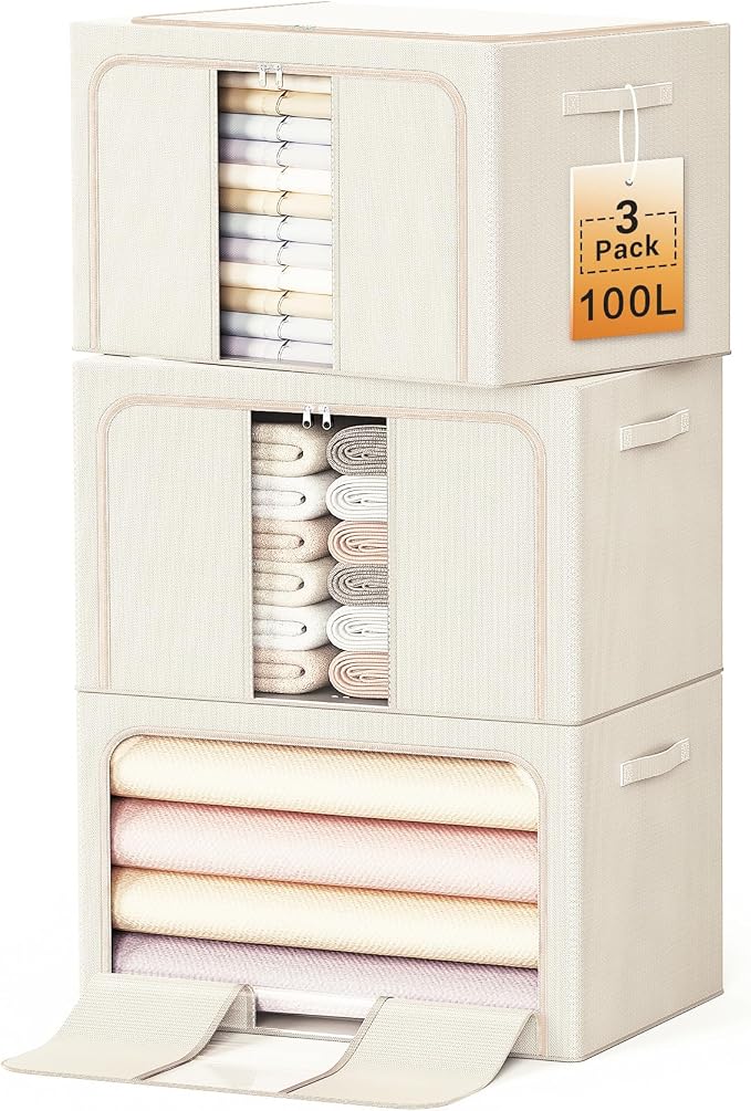 Clothes Storage Bins with Metal Frame, Foldable Clothes Organizers Storage Containers for Clothes, Sheets, Blankets, Pillows and Towels (100L, 3 Pack) Beige