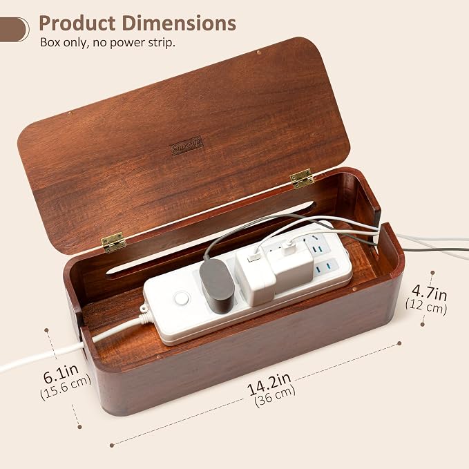 Large Acacia Wood Cable Management Box - Cord Hider&Organizer for TV Wires | Power Strip, Electrical Hiding, Desk & Floor Cables - Solution Wire Storage Solution for Office, Living Room, Bedroom