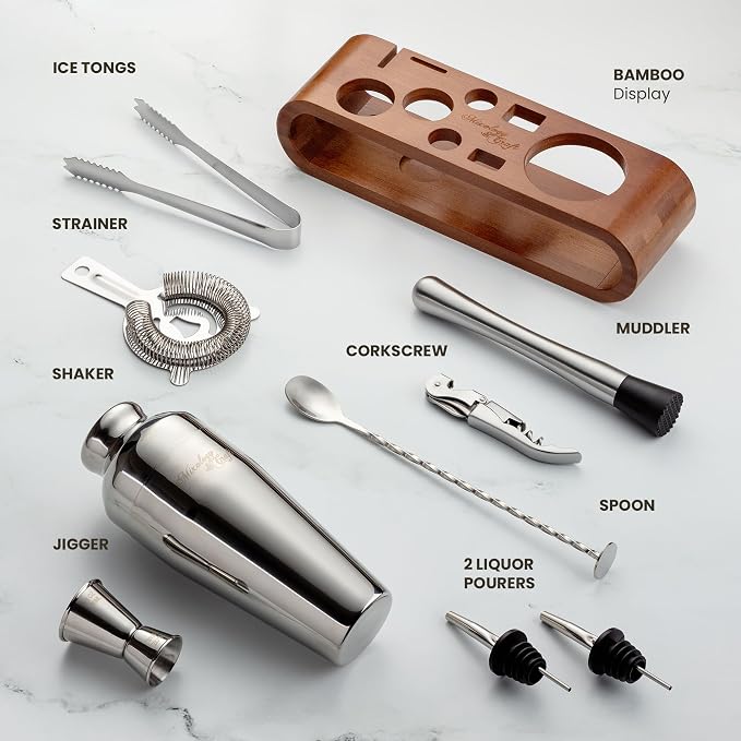 Mixology & Craft Cocktail Shaker Set with Bamboo Stand - Professional 10-Piece Bartender Kit, Complete Bar Set for Home Use with Jigger, Muddler, Strainer, Spoon, Pourers & Corkscrew (Silver)