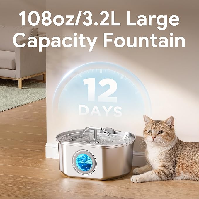 Cat Water Fountain Stainless Steel - 3.2L/108oz Cat Drinking Fountain | Pet Water Fountain for Cats Inside - Ultra Quiet Pet Watering Dispenser - for Small Animals