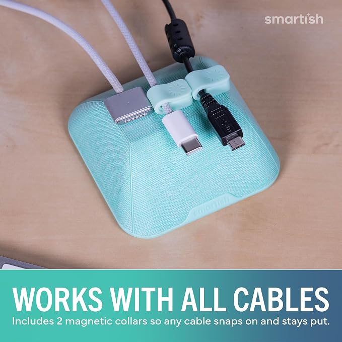 Smartish® Magnetic Cord Holder - Cable Wrangler Organizer with Magnet Clips for Charger Management on Desktop, Nightstand, or Side Table for All Cables, USB-C, Lightning Cables - Teal Me More