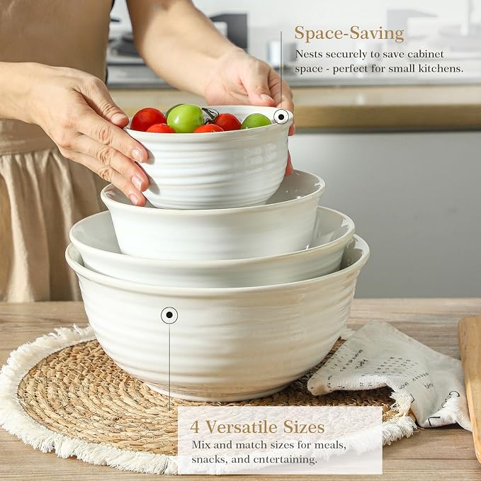 Hasense Porcelain Mixing Bowls, 2.8/2.1/1.0/0.5 Qt, Handmade Large Salad Serving Bowls for Kitchen, Deep Nesting Dishes for Cooking and Baking, Microwave Dishwasher Safe, Clay-Infused White