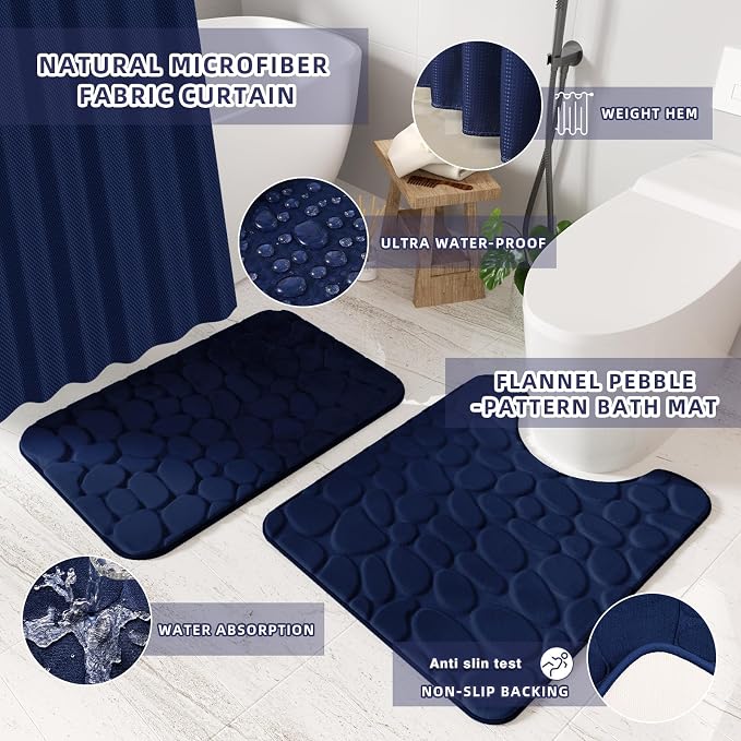 Bathroom Sets with Shower Curtain and Rugs Bathroom Accessories Set Navy Blue Bathroom Set,Soap Dispenser & Toilet Brush Holder Set with Stainless Steel Trash Can(23 PCS)