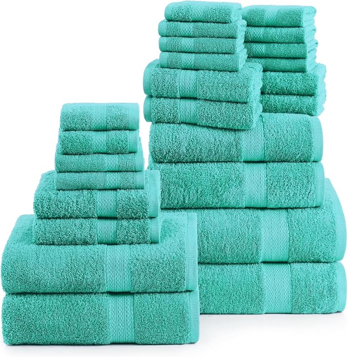 LANE LINEN 24 PCs 100% Cotton Bath Towels Set - Quick Dry, Ultra Soft & Ultra Absorbent - 4 Bath, 4 Fingertip, 6 Hand Towels, 8 Washcloths, 2 Bath Sheets - Home & Guest Bathroom Towels - Teal | Dorm Towel Set - Terry Weave Comfort, Soft & Long-Lasting,...