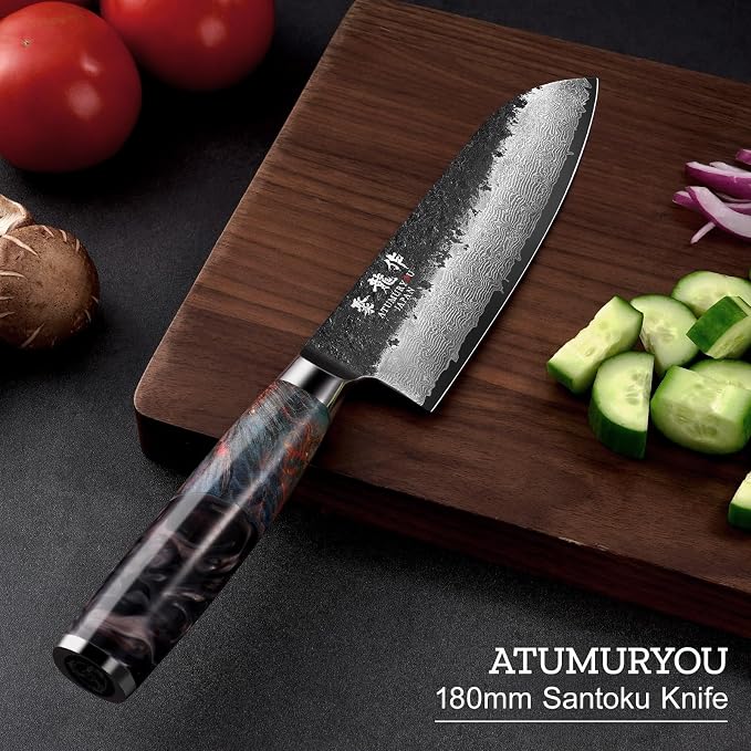 7 Inch Japanese Damascus Santoku Knife, VG10 Steel Forged | Kurouchi Forged Finish, Slice • Dice • Mince, Wide Blade Versatility, Leather Sheath Included, Premium Gift Box