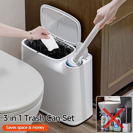 CTIME Bathroom Trash Can Set - Narrow White Plastic Small Trash can, a Toilet Wand, Toilet Brush Holder and 36 Refills, 2 Gallon Trash can with pop-up lid, Suitable for bathrooms and Small Toilets.