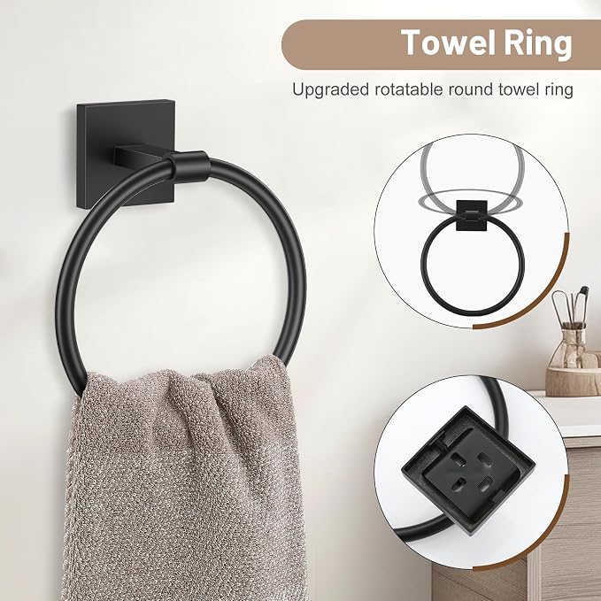 Towel Ring Set 4 Piece Bathroom Hardware Set Includes Towel Ring 2 Towel Hooks and Toilet Paper Holder Stainless Steel Wall Mounted (Matte Black)