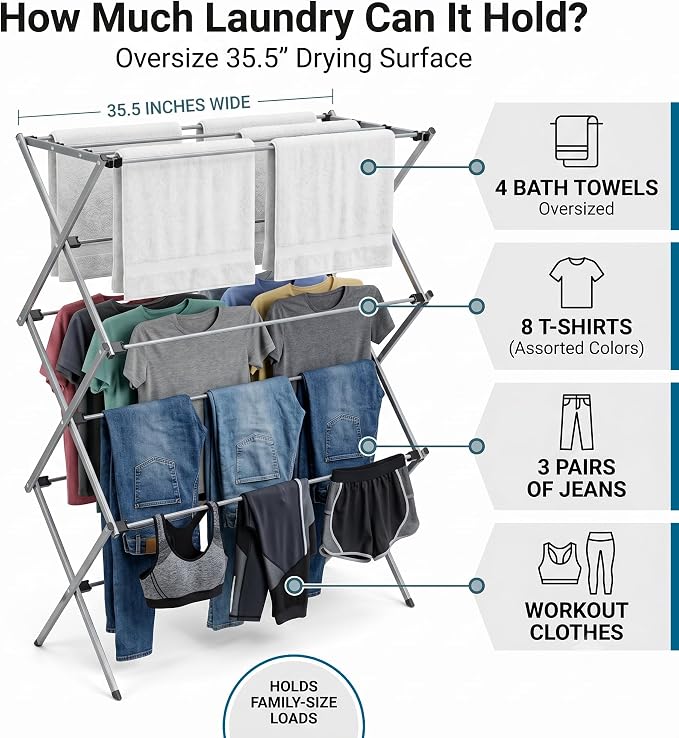 Honey-Can-Do Oversized Collapsible Clothes Drying Rack, 35", 50 lb, Grey | Oversized 35" x 45" steel rack holds 50 lb and folds flat for storage. Air-dry a full load indoors or outdoors.