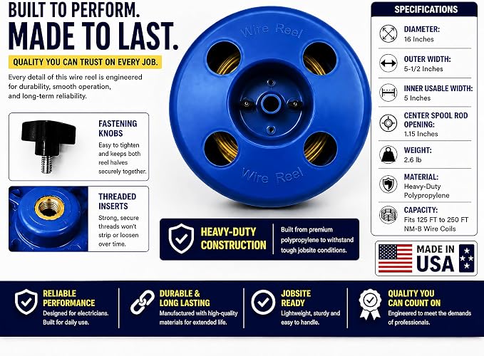 NM-B Blue Wire Dispenser for 125-250 FT Wire Coils, Portable Electrical Wire Organizer, Heavy-Duty Polypropylene Cable Reel, Made in USA, 16" OD x 15" ID Wire Reel for Electricians & Contractors