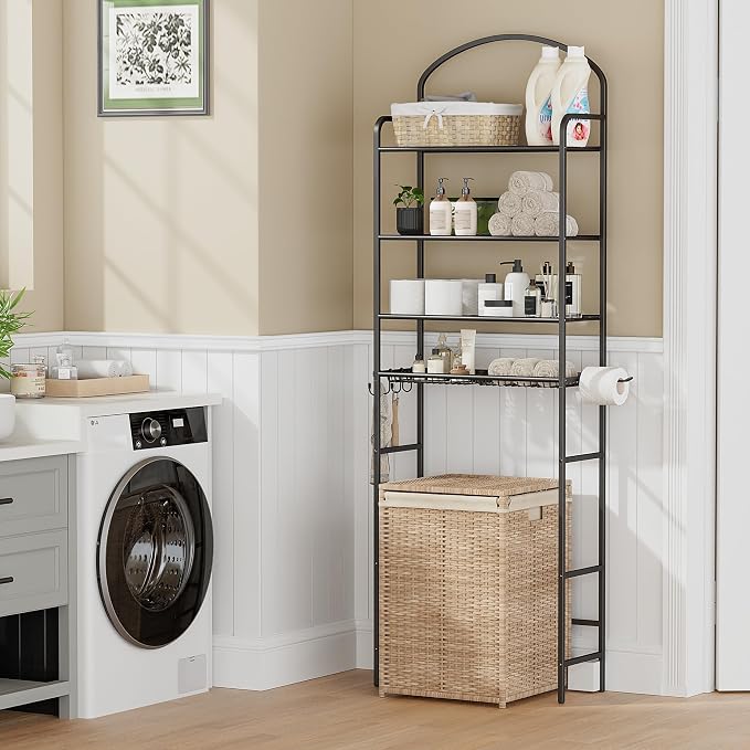 4-Tier Over The Toilet Storage, Bathroom Organizer, Space-Saving, 72" H Above Toilet Storage Rack with 4 Hooks and Paper Holder, Metal Shelf, Black