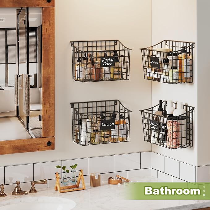Wall Basket with Label Plate & 5 S-Hooks –4 Pack Hanging Wire Basket for Organizing, Wall Storage for Kitchen, Bathroom, Pantry, Laundry, RV – Hanging Wall Basket, Metal
