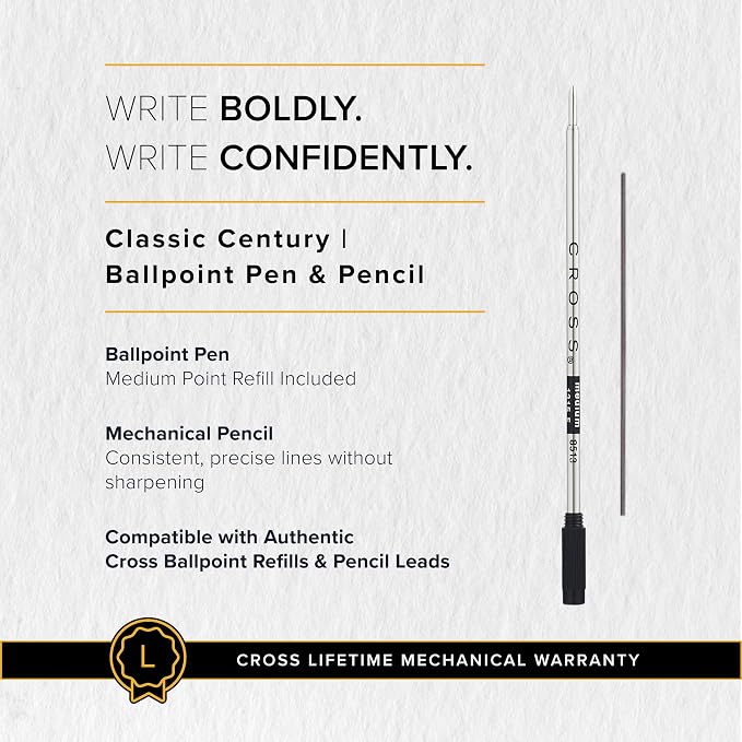 Cross Classic Century Refillable Pen & Pencil Gift Set Presented in a Luxury Gift Box - Medium Point, Black Ink, Black & Chrome
