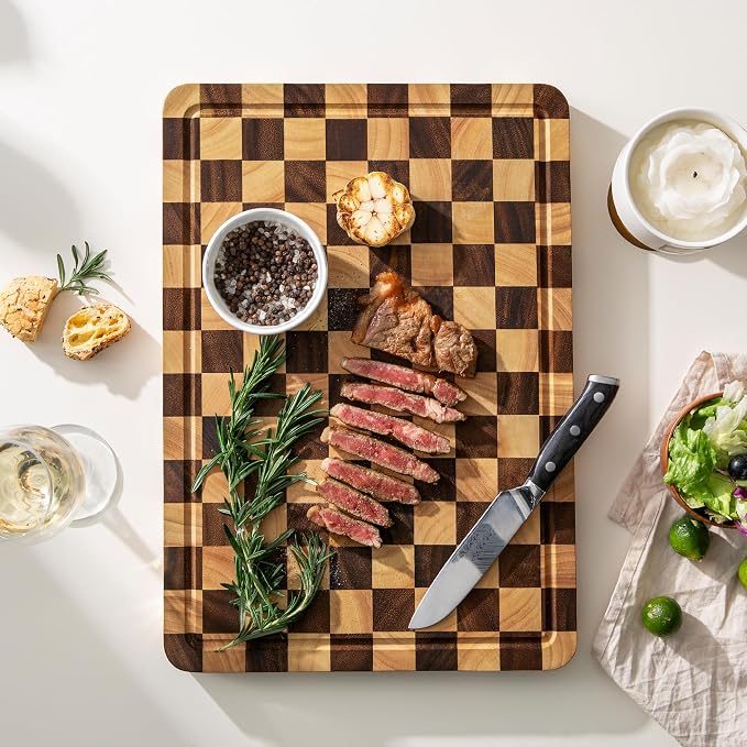 Wooden Cutting Boards for Kitchen, 1.2" Checkered Cutting Board | 17" x 12" Walnut Chopping Board with Juice Grooves & Handles, Double-sided Butcher Block for Prep & Serving with Gift Box