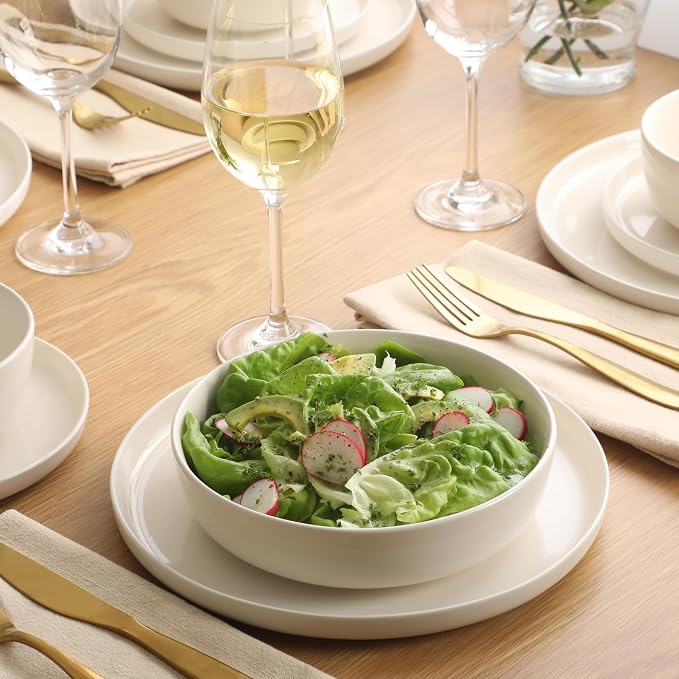 Gibson Home Serenity 16 Piece Modern Porcelain Dinnerware Set for 4, Linen White Plates and Bowls Set, Dinner Plates, Salad Plates, Pasta Bowls, Cereal Bowls