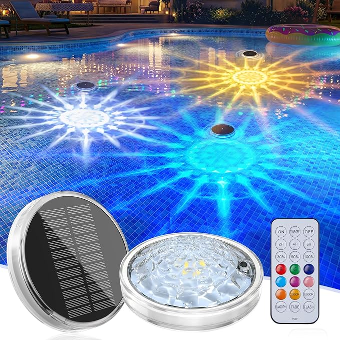 Solar Floating Pool Lights 1 Pack, Remote Control RGBWW 12 Lighting Modes | 3 Dimming & Timing IP68 Waterproof, Floating Solar Pool Lights for Above Ground Pools Inground Pool Accessories