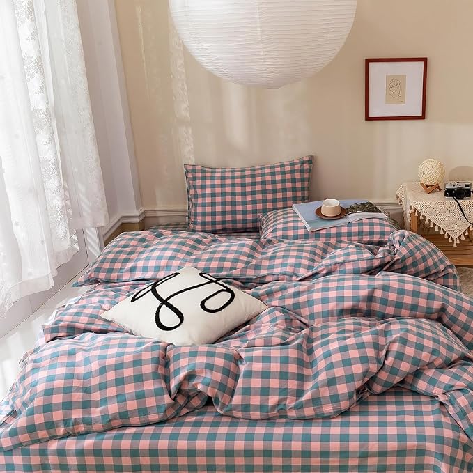 mixinni Plaid Duvet Cover Set Twin Purple - Soft Washed Cotton Modern Geometric Bedding Set with 2 Pillowcases, Pink Blue Gingham Grid Twin Duvet Cover for Men & Women, Soft & Lightweight