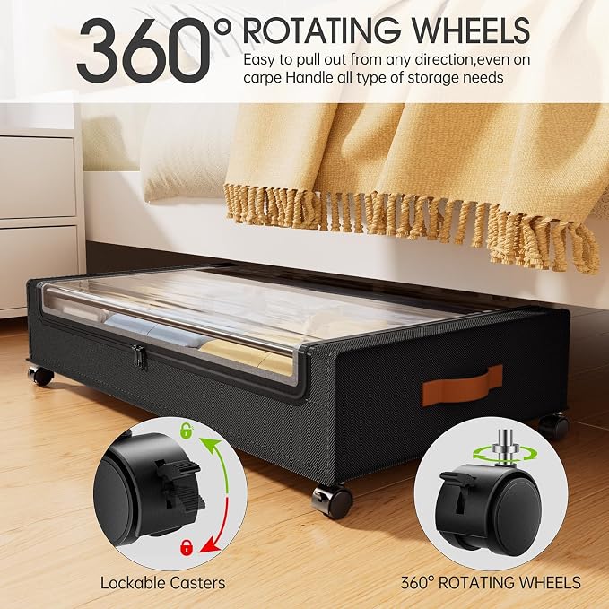 Yecaye Under Bed Storage with Wheels 60L, 2 Pack Under Bed Storage Containers, Underbed Shoe Storage with Clear Window & Label, Rolling Under Bed Metal Drawer for Clothes, Shoes, Books, Black