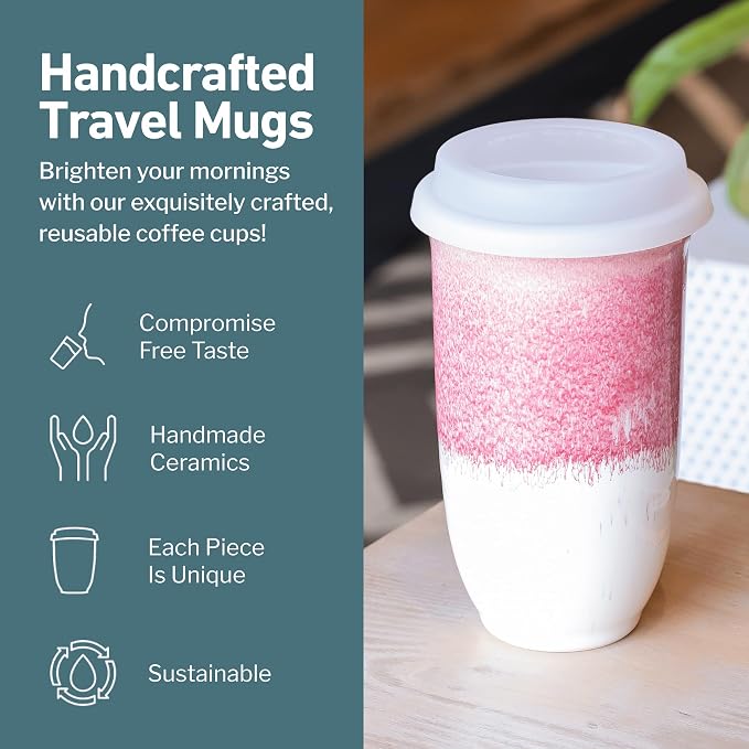 NOVA CERAMICS Coffee Travel Mug - Coffee Travel Cup – Microwave & Dishwasher Safe Coffee Pink Tumbler - Gifts For Women Men Him Her – 16oz – Coral Pink