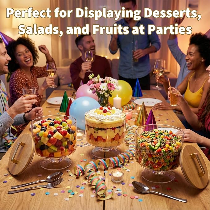 Trifle Bowl with Pedestal and Lid, 70oz - Crystal Clear Glass, Wood Lid with Convenient Handle and Sealing Ring, for Laying Layered Dessert, Ice Cream and Cake, Ideal for Party Displays