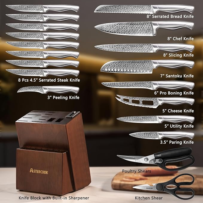 Knife Set, Astercook 21 Pieces Kitchen Knife Set with Built-in Sharpener, German Stainless Steel Knife Block Set, Razor-Sharp Knives with Full-tang Handle, Dishwasher Safe Kitchen Utensils Set