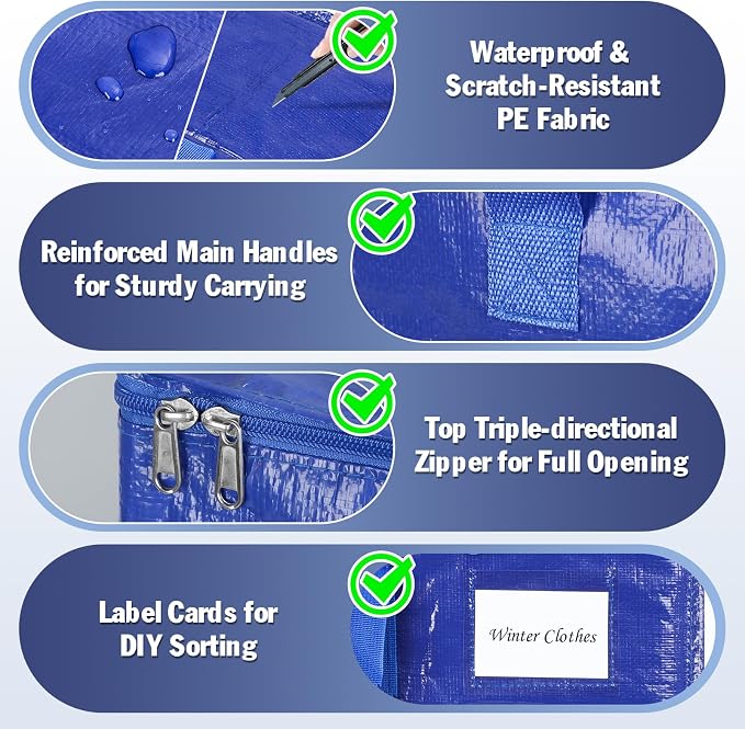 KYODOLED 4-Pack Extra Large Moving Bags, Lightweight Blue Storage Totes 24 Gal (27"x13"x15"), Heavy Duty 55lb Capacity PE Packing Bags for College Dorm, Closet Organization & Space Saving
