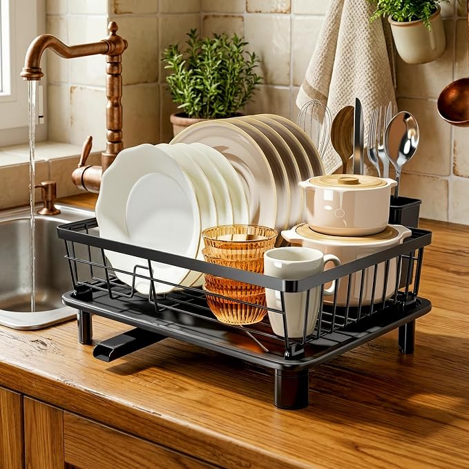 MOUKABAL Dish Drying Rack with Drainboard for Kitchen Counter, Black | 11×15 Large Capacity/Rustproof Stainless Steel/Fast Drainage Dish Drainer/Removable Utensil Holder/Kitchen Counter Organizer