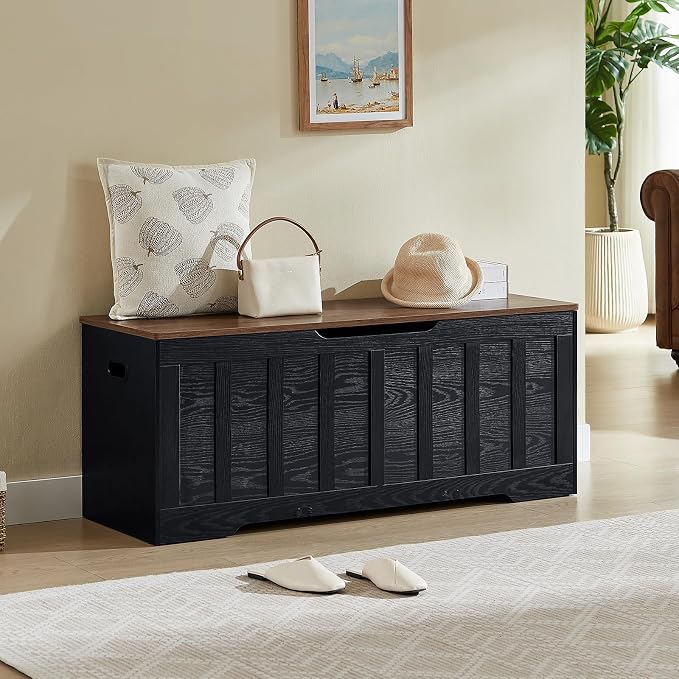 VANKILEY 47.2" Storage Chest Extra Large,Storage Trunk with 2 Safety Hinges,Wooden Storage Bench,Shoe Bench,47.2x15.7x19.1 Inch,Easy Assembly,Storage Bench for Bedroom,Living Room,entryway(Black+Brown