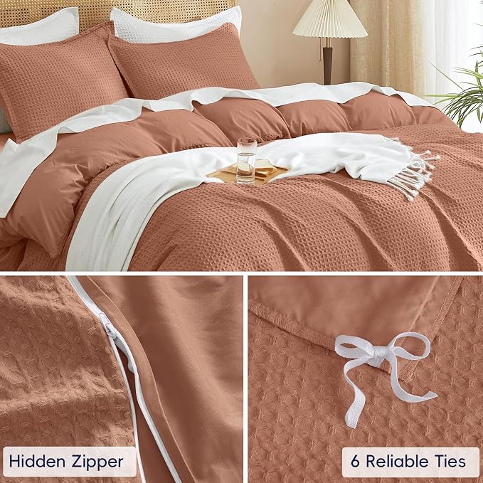 PHF Waffle Duvet Cover Set Twin XL Size, Back to School College Dorm Bedding, Ultra Soft Breathable Comforter Cover for All Season, Dorm Room Essentials Set with 1 Pillow Sham,68" x 90", Terra Cotta