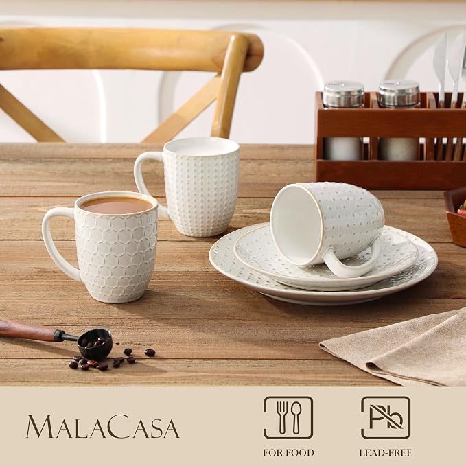MALACASA LYDIA 16 Oz Coffee Mugs Set of 4, Ceramic Embossed Cups | For Coffee, Latte, Cappuccino, Tea, Dishwasher, Microwave Safe, Lead-Free Ceramic, Comfortable Handle, Gift Set
