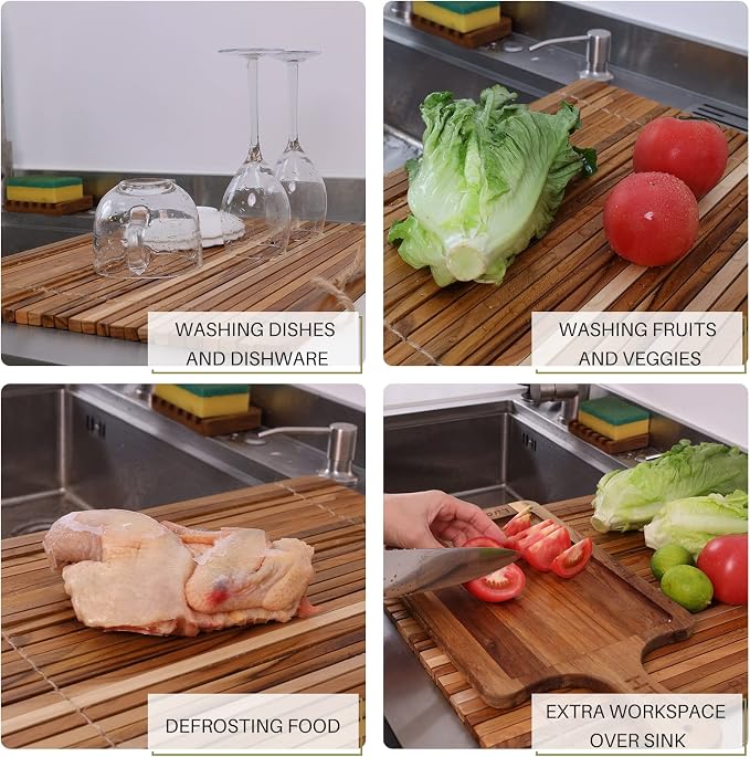 HTB Over Sink Dish Drying Rack 17.8'' x 16.1” Teak Wood | Roll Up Dish Drying Rack for Kitchen Counter,Space Saving,Collapsible Dish Drying Mat for Bowls,Vegetables,Fruits,Bottles