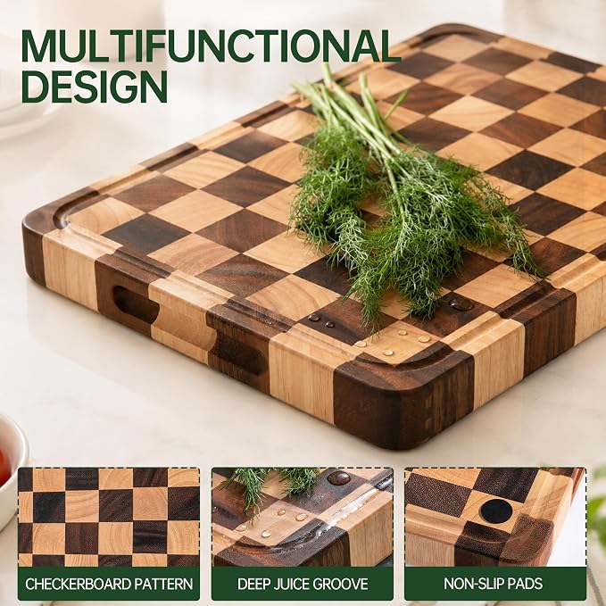 1.4" Checkered Cutting Boards for Kitchen, Thick Wood Butcher Block | Chooping Board with Juice Grooves & Handles, Serving Tray for Meat, Vegetables Fruits with Gift Box, 16" x 11"