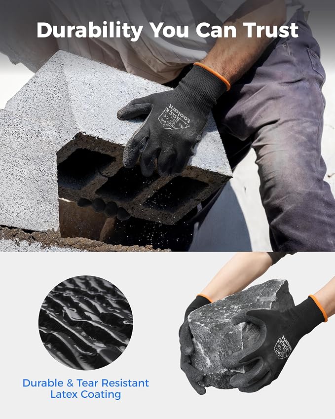 toolant Crinkle Latex Work Gloves Bulk, Rubber Coated Safety Work Gloves for Men and Women, 12 Pairs for Construction, Gardening, Warehouse (Gray, XL)