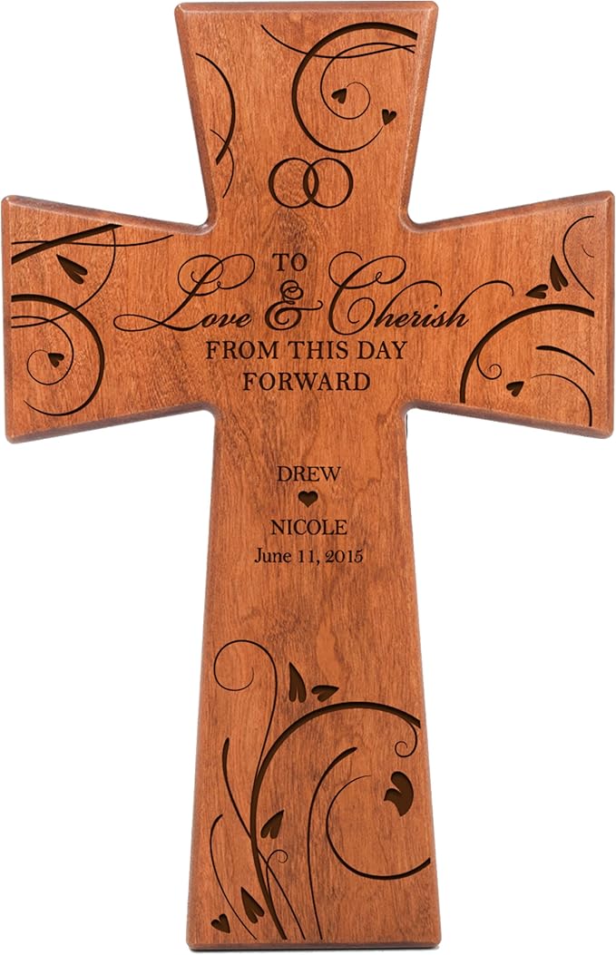 LifeSong Milestones Personalized Wedding Gifts for Couples Custom laser Engraved for Bride and Groom Gift ideas Wedding Wall Cross To Love & Cherish From This Day Forward Made of cherry wood in USA