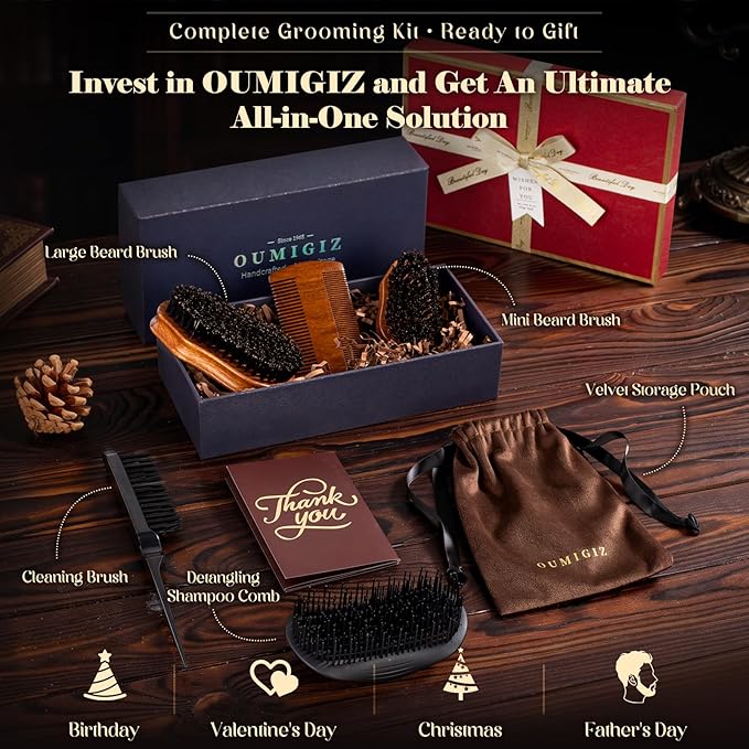 Beard Brush & Comb Set for Men Since 1965 British Craftsmanship | Boar Bristle Beard Brush Set with Large & Mini Pocket Brush, Wooden Beard Comb & Grooming Accessories for Beard Care