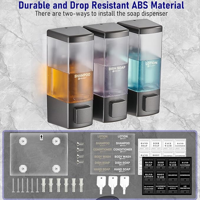 Pollock Shampoo and Conditioner Dispenser 3 Chamber * 500ML | Shower Soap Dispenser Wall Mounted, Body Wash Dispenser No Drill, Refillable Shower Dispenser for Bathroom