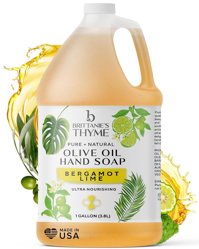 Brittanie's Bergamot Lime Pure Castile Olive Oil Liquid Soap 1 Gallon (128oz) | Face, Body Wash, Dishes, Pets & Laundry | Natural Vegan Sulfate Free, Moisturizing & Refill-Friendly