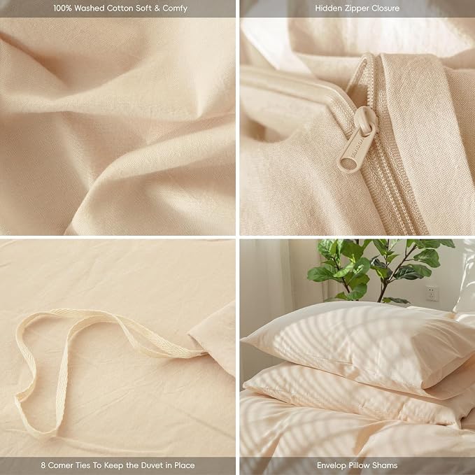 MooMee Bedding Duvet Cover Set 100% Washed Cotton Linen Like Textured Breathable Durable Soft Comfy (Solid Sandy Beige, Twin 68"x90")